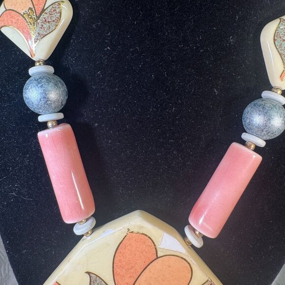 Vintage Handmade porcelain & bead Necklace With Floral Pendant From Japan - Picture 4 of 11